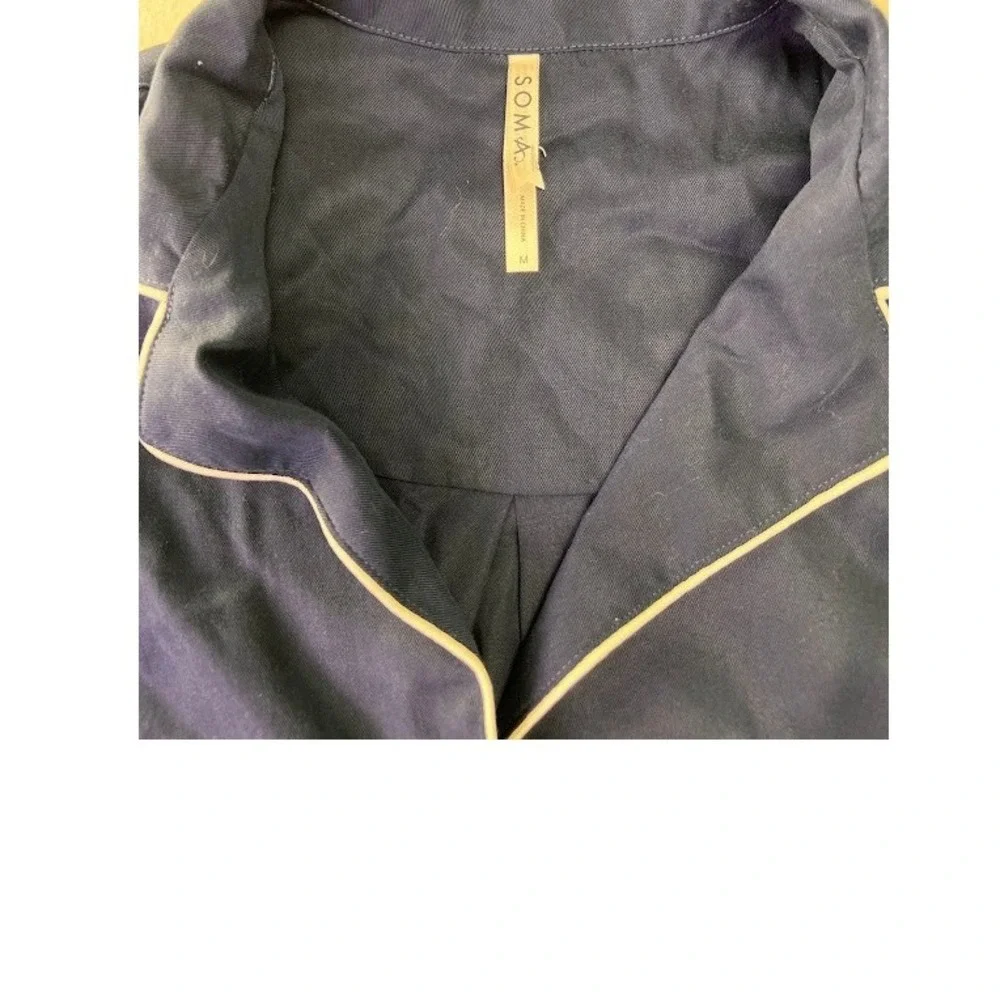 Soma Pajama Set Womens Medium Navy Blue Button Down Long Sleeve Piping‎